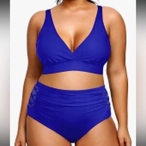 Yonique Blue High Waisted Tummy Control Adjustable Straps Bikini‎ Swimsuit - 16W